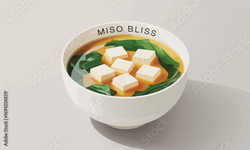 Delightful vector illustration of a bowl filled with savory miso soup, featuring tofu and seaweed, against a soft, neutral backdrop