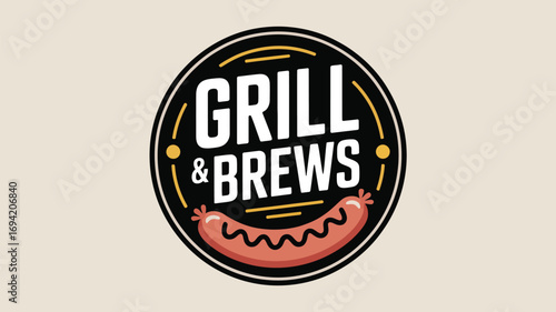 A logo with the words grill and brews in white with a sausage under it inside of a black circle