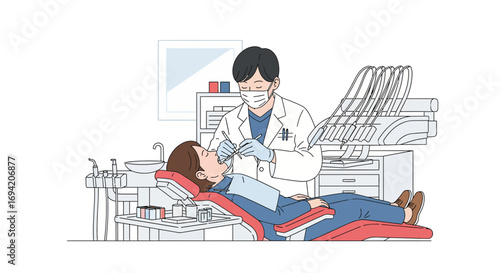 Dentist examining patient's teeth in clinic with modern equipment and comfortable chair for oral hygiene and healthcare