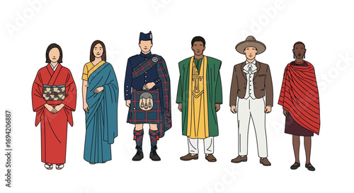 Diverse cultures represented in traditional clothing illustration showcasing global unity and heritage