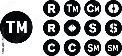 Set of trademark copyright registered symbol icons, black circle logo marks collection, legal intellectual property protection vector design illustration for branding