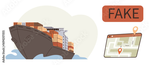 Large cargo ship loaded with containers, Fake stamp suggesting counterfeit products, digital map with location pins. Ideal for trade, fraud detection, logistics, counterfeit goods, supply chain
