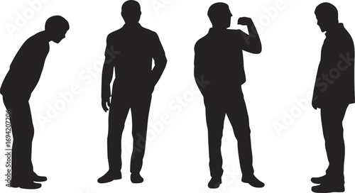 Silhouette collection of standing men in different poses, casual male figures, black human body outlines, vector illustration for design, business, lifestyle concepts