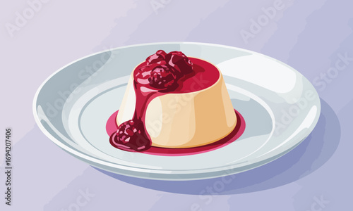 Elegant Panna Cotta Dessert with Raspberry Sauce on White Plate, Creamy Italian Delight