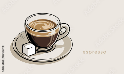 Elegant espresso in clear glass cup with sugar cube vector illustration on neutral background offers a delightful caffeine indulgence