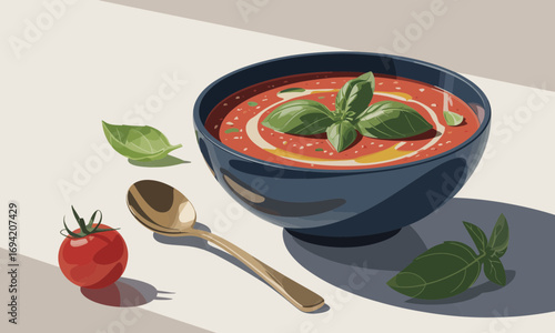 Elegant tomato soup illustration with basil garnish in a dark blue bowl and golden spoon, showcasing fresh ingredients and culinary delight