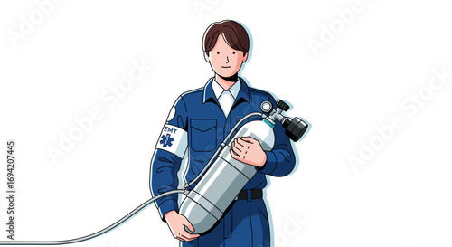 Emergency medical technician holding an oxygen tank in a vector illustration with a clean and modern aesthetic