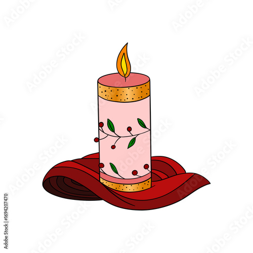 Festive Christmas candle with red ribbon and holiday decorations. Warm and cozy winter illustration. Traditional New Year symbol of light and celebration