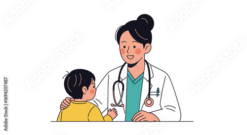 Female doctor comforting a child patient with care and empathy in a medical clinic setting illustration
