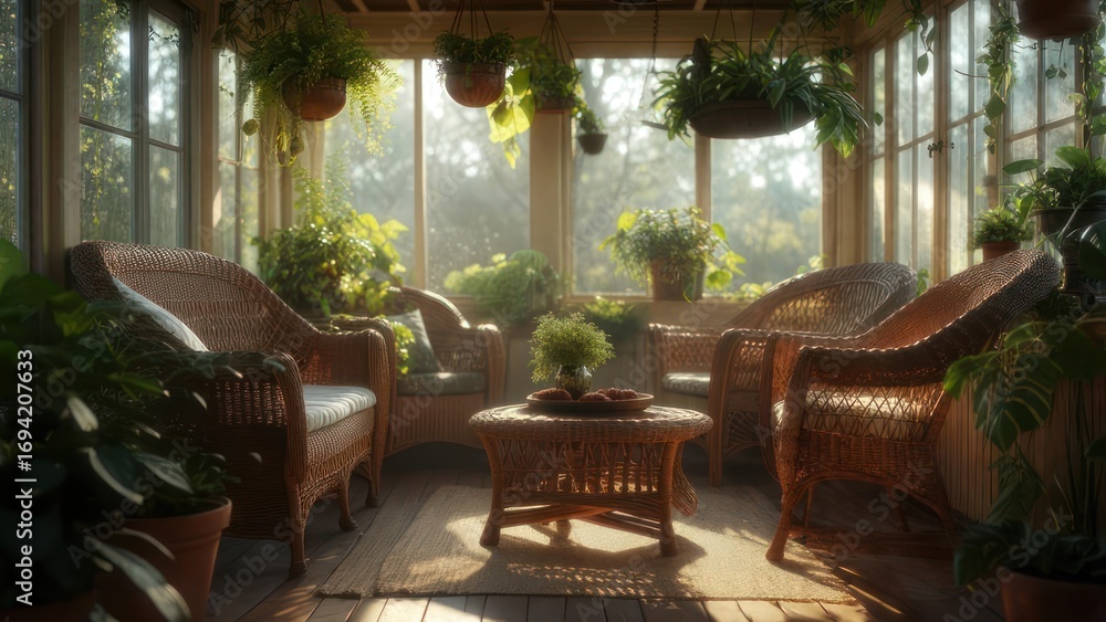 Fototapeta premium Sunlit porch with wicker furniture and plants