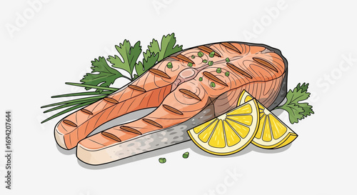 Grilled salmon steak with lemon slices and fresh herbs illustration for healthy gourmet cuisine