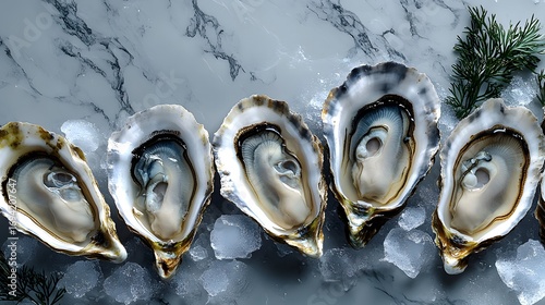 Freshly shucked oysters displayed on a chilled marble surface with ice and garnishes for a seafood feast