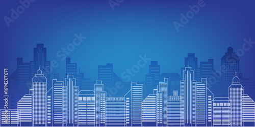 Silhouette of city skyline, Cityscape in blue color and white sky background.