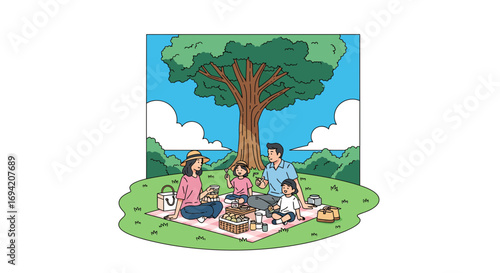 Happy Asian family enjoys picnic in park under tree with food and drinks on blanket for holiday, leisure time