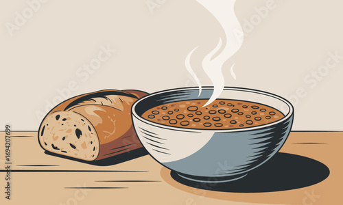 Hearty bean soup with crusty bread illustration offering warmth and rustic charm in a cozy kitchen setting