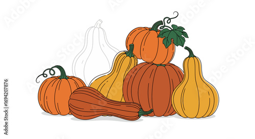 Illustration of autumn harvest with various pumpkins and gourds in warm colors, creating a seasonal thanksgiving decoration