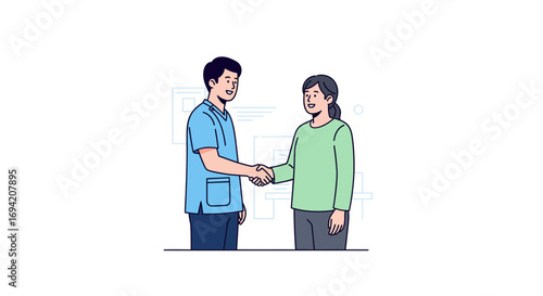 Illustration of doctor and patient shaking hands in greeting, showcasing teamwork and positive interaction in a clinical setting