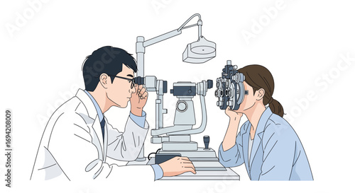 Ophthalmologist examining patient's eyes with phoropter in clinic illustration portraying healthcare and vision care for wellness