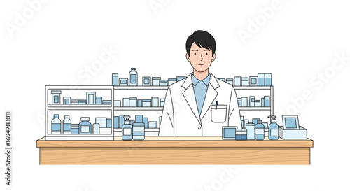 Male pharmacist standing behind a pharmacy counter with shelves full of medicines and healthcare products in a medical setting