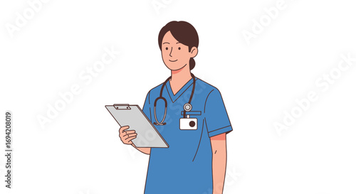 Professional nurse in blue scrubs holding clipboard for patient care and medical records with stethoscope