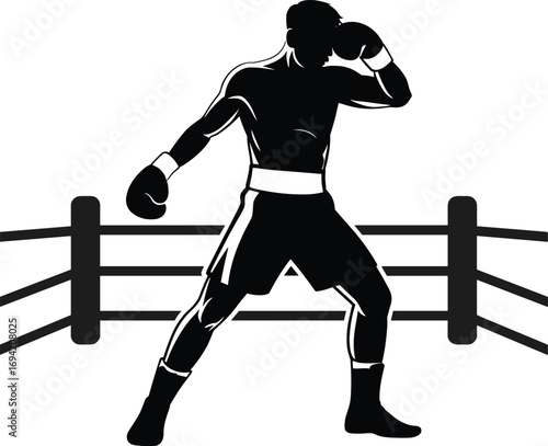 Silhouette vector illustration of boxer athlete in fighting stance, boxing ring, sports training, martial arts competition, fitness exercise, professional boxing design concept