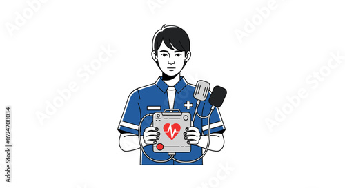 Professional medical worker holding defibrillator with heart rhythm display for emergency response and patient care assistance