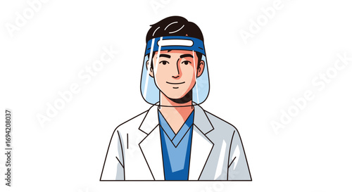 Portrait of a young male doctor with face shield wearing a white coat in a professional setting with a clean background