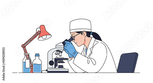 Scientist examining sample under microscope in laboratory with lamp and glassware, wearing lab coat and gloves in vector illustration
