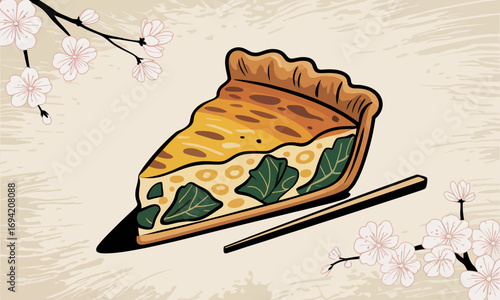 Slice of savory spinach quiche alongside delicate cherry blossoms in a serene composition reminiscent of spring