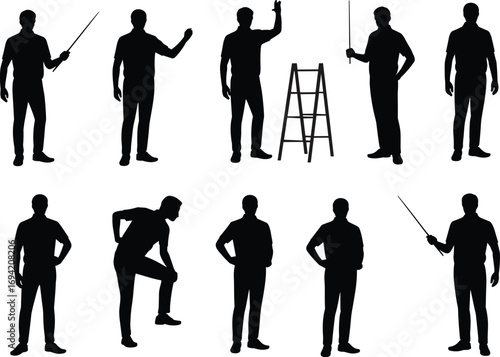 Silhouette vector illustration of businessman standing, pointing, explaining with stick, ladder, teaching, presentation, corporate training, leadership, professional poses, office concept
