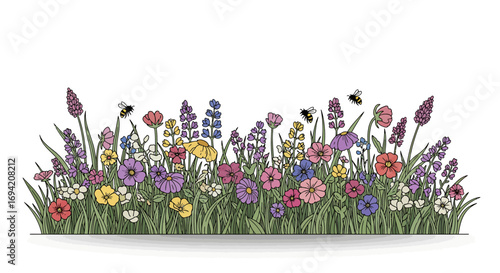 Vibrant wildflower meadow illustration with buzzing bees and colorful blossoms in a natural landscape scene