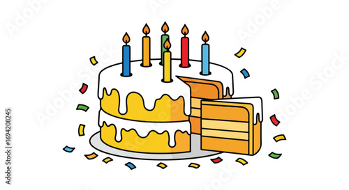 Celebration tiered cake illustration with candles and slice, perfect for joyous birthday anniversary festivities and special occasions cheerful vibe