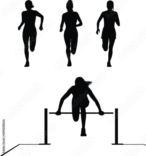 Silhouette vector illustration of female athletes running and jumping hurdle, track and field competition concept, fitness exercise design, sports training, marathon race graphic