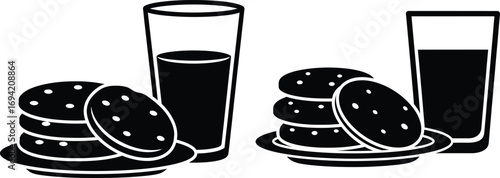 Two stacks of cookies and glasses of juice are shown in a simple, minimalist design