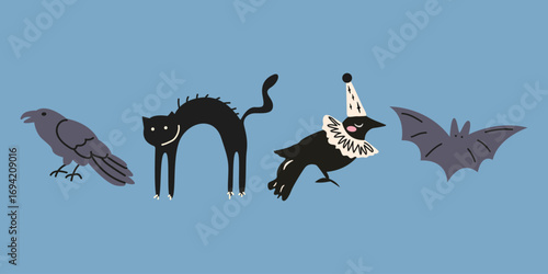 Halloween retro clipart in cartoon flat style. Black cat, crow, bat. Doodle creepy animals illustration for scary decoration, stickers, greeting card, labels, badges. Vector Illustration