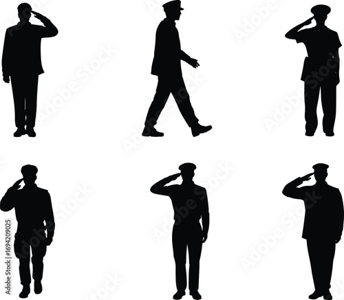 Silhouette vector illustration of military soldiers standing and saluting in different poses, representing respect, discipline, honor, army service, and patriotism