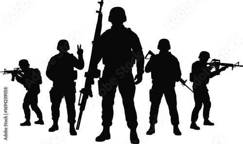 Silhouette vector illustration of military soldiers with guns, army team in combat poses, armed forces concept, war, protection, defense design