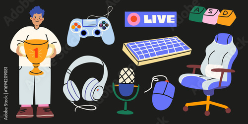 Gaming cartoon retro clipart. Gamer stickers with a boy, headphones, mouse, microphone, keyboard, chair, joystick. Collection of sports equipment and digital devices for video games, streaming