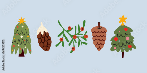 Winter vector hand drawn elements in cartoon groovy style. Christmas tree with stars, garlands and ornaments. Festive tree, branches and cone for stickers, badges, labels
