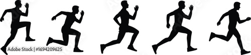  Silhouette vector illustration of running man in multiple poses, athletic sports action sequence, fitness exercise, jogging, sprinting, marathon training, healthy lifestyle