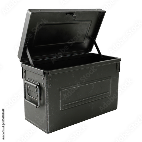 3d vintage metal ammo box with open lid and carry handle detailed storage container transparent background