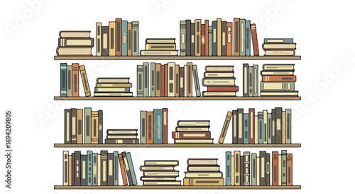 Stylized bookshelf illustration displaying vintage books with unique spine designs across four shelves offering aesthetic appeal and scholarly essence