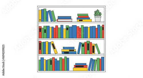 Colorful bookcase illustration with stacked books and a potted plant representing knowledge, learning and relaxation displayed in a clean simplistic