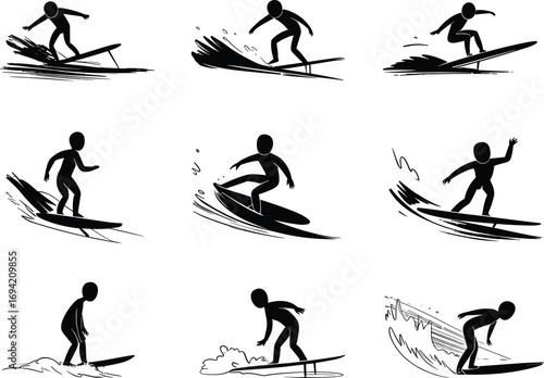 Silhouette vector illustration of surfers riding ocean waves, extreme water sports activity, surfing positions, summer adventure, coastal lifestyle, beach sport design