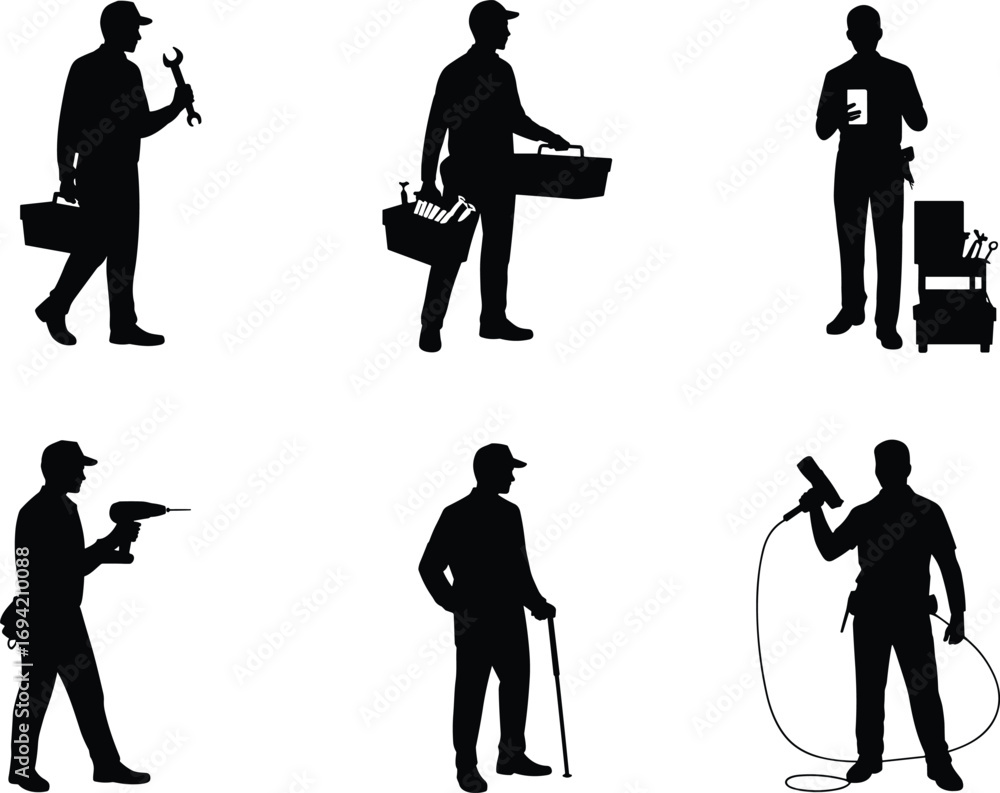 Obraz premium Silhouette vector illustration of workers with tools, handyman repair service poses, construction maintenance icons, professional technician design, labor occupation shadow art collection for industry