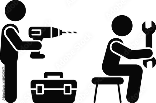  Silhouette vector illustration of workers using drill, wrench, and toolbox, representing repair, maintenance, construction, handyman service, mechanical job, engineering tools, and labor