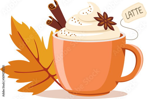 Cup of coffee with cinnamon sticks, star anise and autumn leaf close-up on a white background. Autumn drink