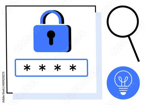 Padlock representing security above password field, magnifying glass for search or analysis, lightbulb symbolizing ideas. Ideal for cybersecurity, privacy, innovation, research, technology, online