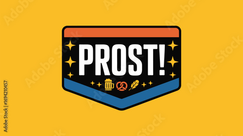 A prost banner with beer pretzel and feather icon on a yellow background for oktoberfest celebration