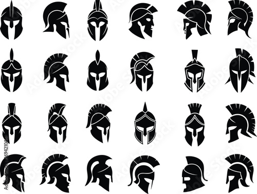 Spartan warrior helmet vector set, ancient Greek soldier icons, gladiator head silhouette design, medieval warrior mask illustration, historical battle armor graphic elements